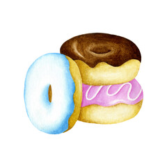 Watercolor donuts isolated on a white background. Hand drawn perfect illustration. Design element for greeting card, stickers and banner.