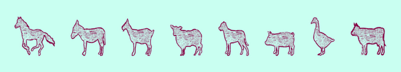 set of farm animals cartoon icon design template with various models. vector illustration isolated on blue background