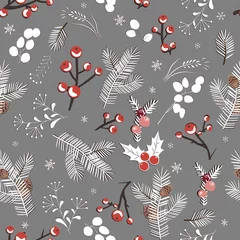 Gardinen Nahtloses weißes Muster des Winters mit Beeren, Blättern und Schneeflocken, Vektorillustration © Toltemara