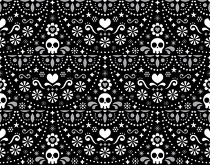 Mexican folk art vector seamless pattern with skulls, Halloween decor, flowers and abstract shapes, white textile design on black background
- 384142963