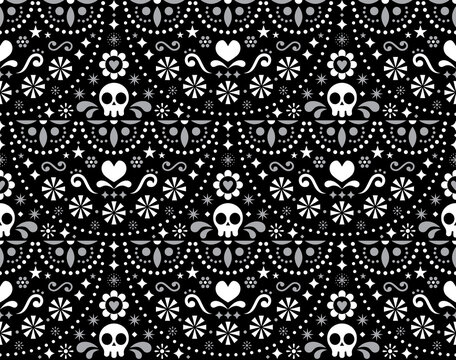 Mexican folk art vector seamless pattern with skulls, Halloween decor, flowers and abstract shapes, white textile design on black background
 
