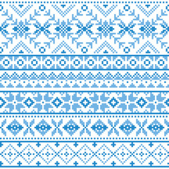 Scottish Fair Isle style traditional knitwear vector seamless pattern, retro Shtelands knit repetitive blue design with snowflakes

