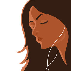 Beautiful girl listens to music with headphones. Loose hair and closed eyes. Vector illustration of a female character.