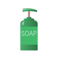 Green soap dispenser in a bottle. Personal hygiene product during the coronavirus pandemic. Vector isolated illustration.