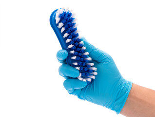 Wearing blue gloves, holding a cleaning kit. On a white background