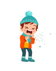 sad cute little kid cough and wear jacket in winter season. child feeling sick wearing warm clothes