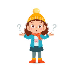 happy cute little feel confused and wear jacket in winter season. child thinking and wearing warm clothes