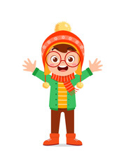 happy cute little kid play and wear jacket in winter season. child smile wearing warm clothes