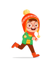happy cute little kid play and wear jacket in winter season. child smile wearing warm clothes