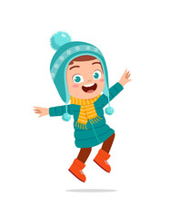 happy cute little kid play and wear jacket in winter season. child smile wearing warm clothes