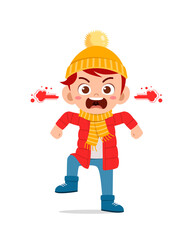 angry cute little kid scream and wear jacket in winter season. child shout wearing warm clothes