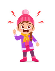 angry cute little kid scream and wear jacket in winter season. child shout wearing warm clothes