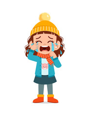 sad cute little kid cry and wear jacket in winter season. child scream crying wearing warm clothes