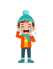 sad cute little kid cry and wear jacket in winter season. child scream crying wearing warm clothes