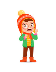sad cute little kid cry and wear jacket in winter season. child scream crying wearing warm clothes