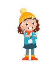 happy cute little kid play and wear jacket in winter season. child feeling chill wearing warm clothes