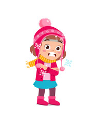 Obraz na płótnie Canvas happy cute little kid play and wear jacket in winter season. child feeling chill wearing warm clothes