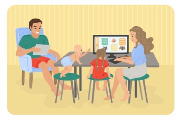 Family with children. Entertainment for children at home. Online education for schoolchildren. Vector illustration