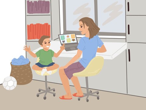 Mom deals with her child, online lessons, distance education on the Internet. Vector drawing