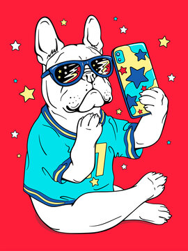 Cute cartoon french bulldog in sunglasses taking a selfie. Dog with a phone. Stylish image for printing on any surface