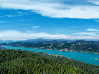 Summer  panoramic view of the lakes Woerth in Klagenfurt.