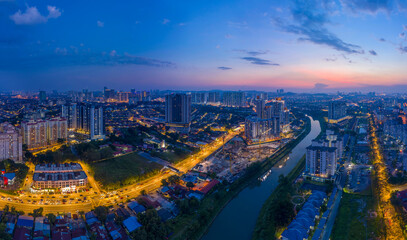 Aerial panorama cityscape of Kuala Lumpur,Malaysia(Old Klang Road). Drone shot. River of live