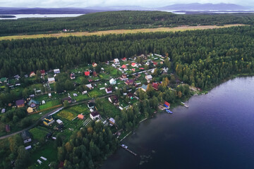 Aerial Townscape of Suburban Village Fedoseevka located in Kandalaksha Area in Northwestern Russia on the Kola Peninsula