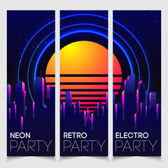 Obraz premium Rave party Flyer design template set in 1980s style. Retro Futurism. Vector futuristic synth wave illustration. 80s Retro poster Background with Night City Skyline.