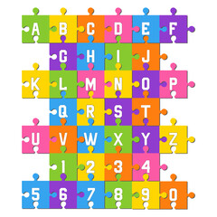 Kids puzzles in cartoon style with the alphabet. Bright colorful puzzle. Vector illustration of alphabet on a colored background. Puzzle puzzle game. Enter letters and numbers.