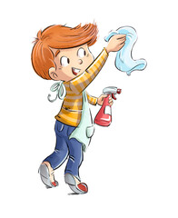 Child cleaning with rag