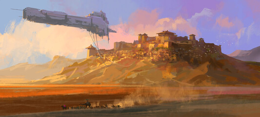 The dilapidated spaceship floating above the Gobi, digital painting. © liuzishan