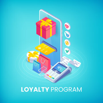 Loyalty program isometric banner concept. 3d vector smartphone with gift box, credit cart, shopping bags and pos terminal. Online store discount service illustration for web, mobile app, advert, site