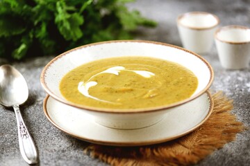 Cream soup made from zucchini, eggplant, potatoes, carrots, tomato and cilantro. 