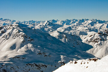 French Alps from Mont Vallon in Meribel Mottaret Les Trois Vallees 3 Valleys ski area France