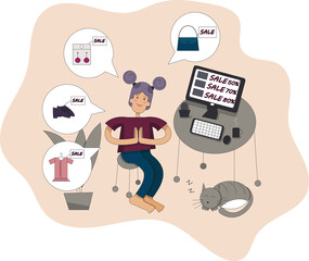 Vector illustration of a young happy woman sitting at home at the computer and making online purchases. On the computer, the text with the sale. Illustration in the style of a cartoon. It can be used