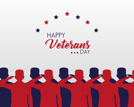 Happy Veterans Day Lettering With Group Saluting Soldiers Silhouettes