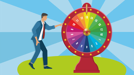 Man at Fortune spinning wheel. Sunbeam pattern in background. Vector illustration. EPS10.