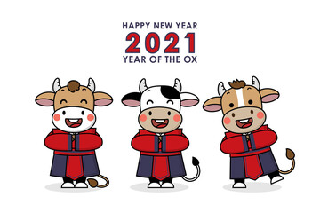 Happy Chinese new year greeting card. 2021 Ox zodiac. Animal holidays cartoon character. 