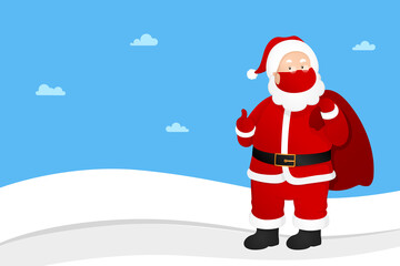 New Year card with copy space. Santa Claus in face mask carries sack with gifts. Vector illustration.