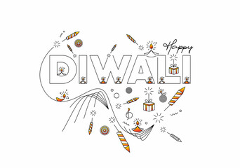 Happy Diwali text with Rocket firecrackers design. Sale Poster Banner Vector illustration.