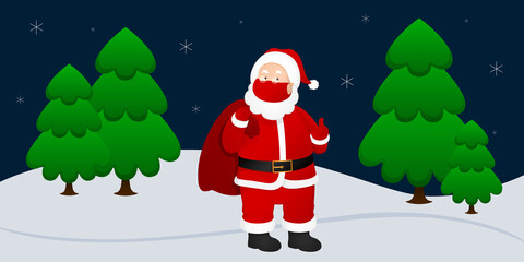 Santa Claus in face mask carries bag with gifts. Vector illustration.
