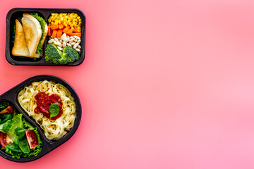 Lunch boxes with meal. Food delivery concept. Overhead view