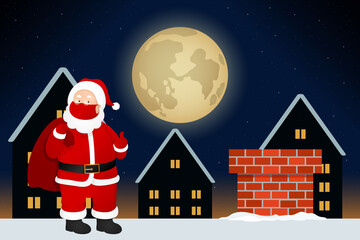 Santa Claus in protective mask standing on roof. Christmas eve. Vector illustration.