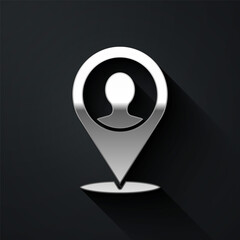 Silver Map marker with a silhouette of a person icon isolated on black background. GPS location symbol. Long shadow style. Vector.