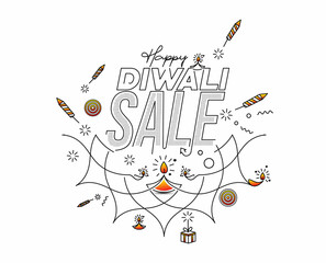 Obraz premium Happy Diwali text with Rocket firecrackers design. Sale Poster Banner Vector illustration.