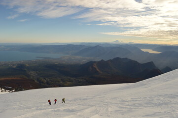 Sunrise mountain climbing on the active Volcan Villarrica in Pucon, Chile