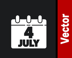 White Day calendar with date July 4 icon isolated on black background. USA Independence Day. 4th of July. Vector.