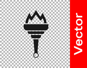 Black Torch flame icon isolated on transparent background. Symbol fire hot, flame power, flaming and heat. Vector.