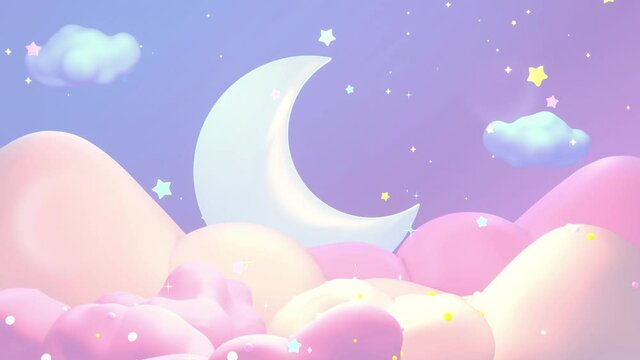 Looped cartoon lullaby animation. Silver crescent moon, stars, and pastel pink clouds.