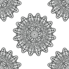 India inspired mandala design seamless pattern template in black and white. Vector illustration for games, background, pattern, decor. Coloring paper, page, tory book. Print for fabrics. © Tatiana